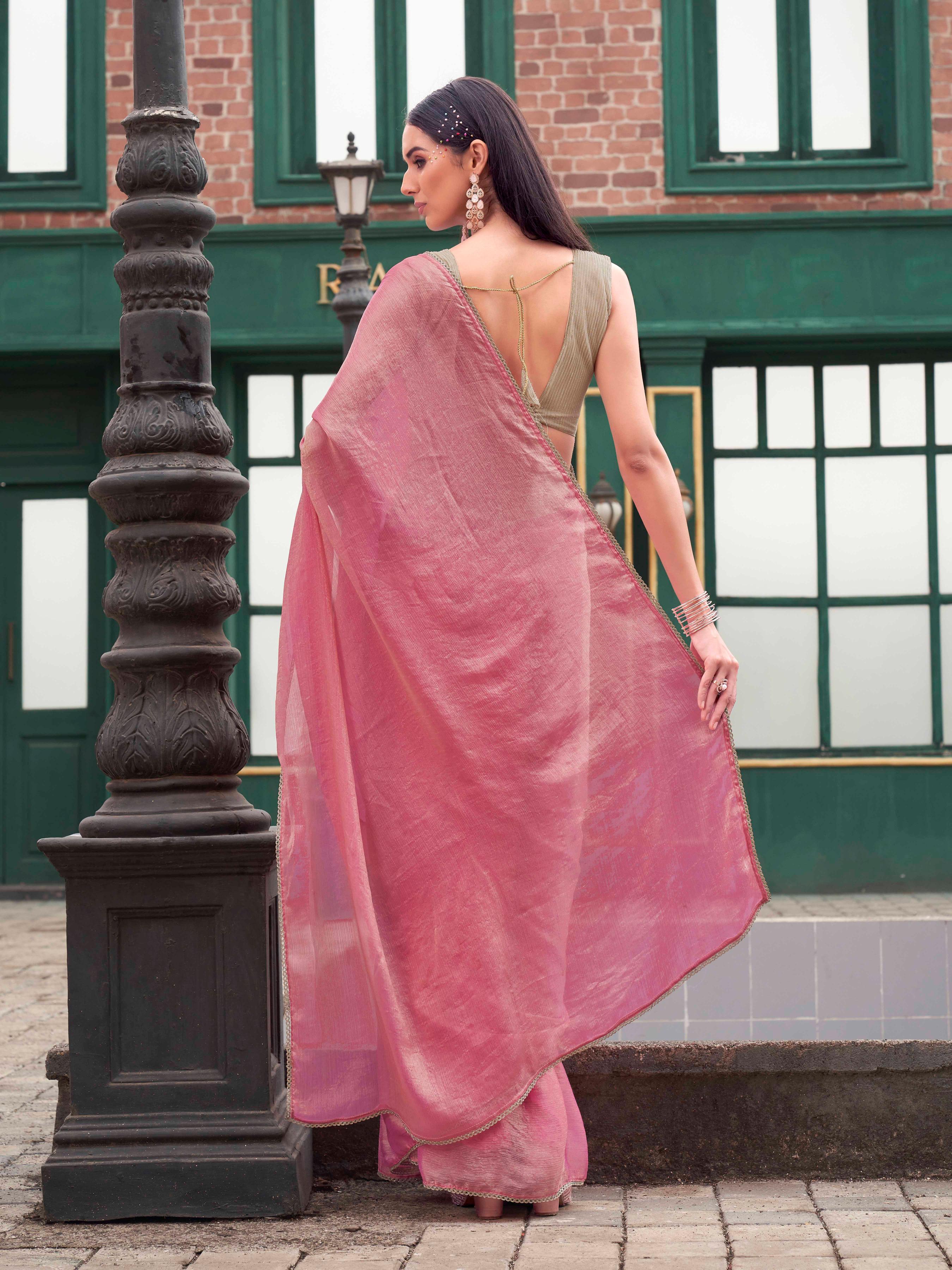 Ready to wear pink and gold colored two tone jimy chu saree with lycra blouse